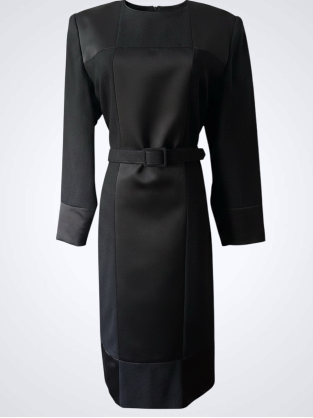 Vintage Black Satin Crepe Sheath Dress Belted Midi Minimalist Size 12